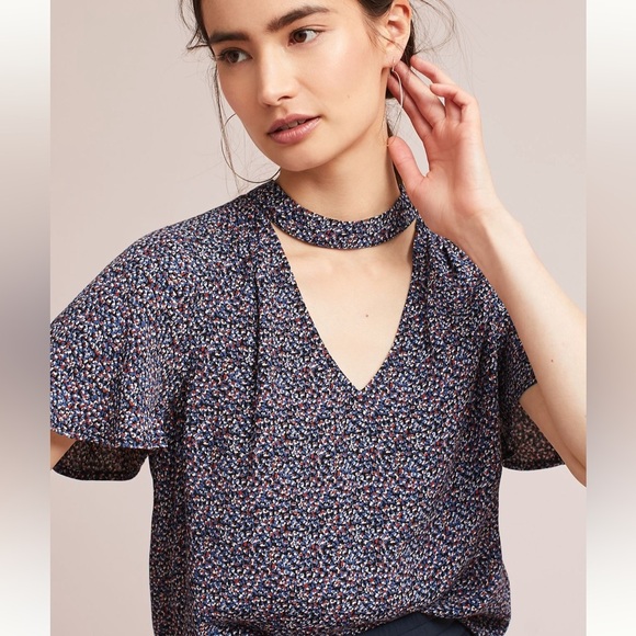 Maeve Choker Neck Blouse – Blue Motif – Size Large - Picture 1 of 7